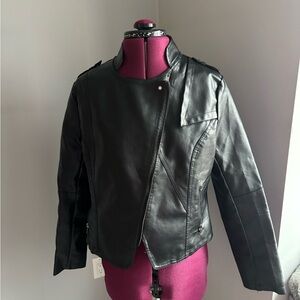 Black Faux Leather Asymmetrical Zip Jacket. Fits M